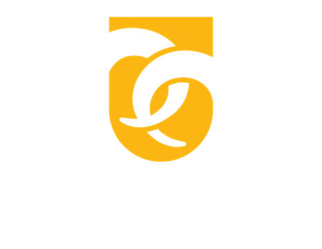 Gold and white logo on black background
